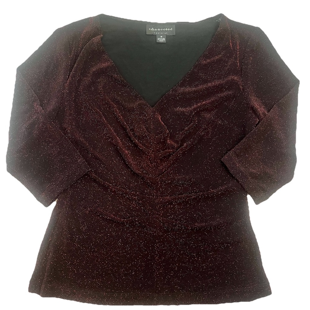 Vintage Connected Apparel Red Metallic Blouse Slinky Ruched Womens‎ Medium Y2k